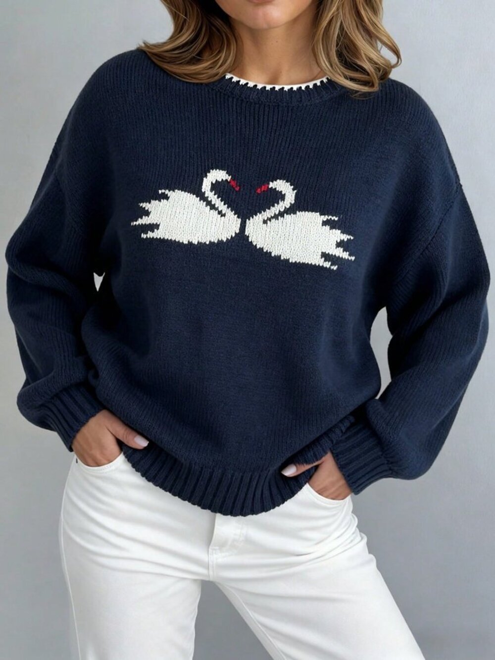 Navy Blue Casual Women's Navy Swan Pattern Pullover Sweater For - Picture 6 of 11